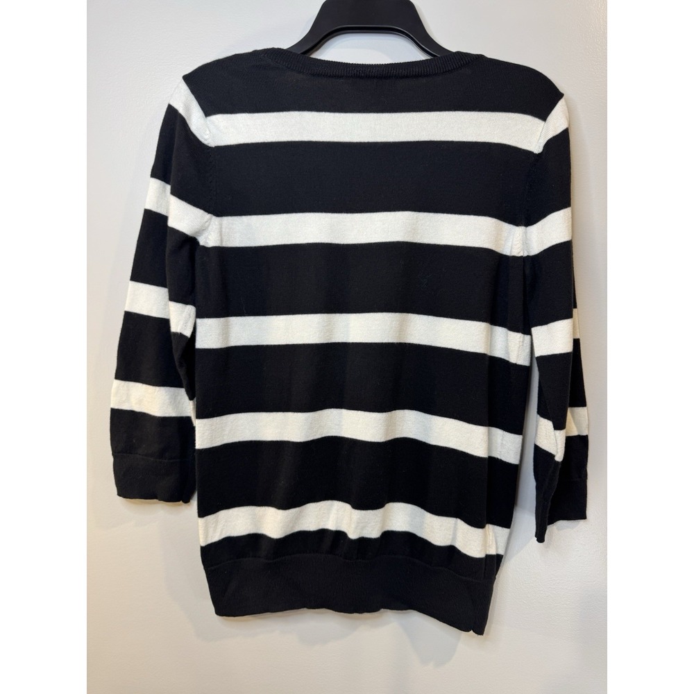 LOFT Women's Lightweight Sweater Sz Med Black/White Stripes Cotton‎ Round Neck - Picture 2 of 4